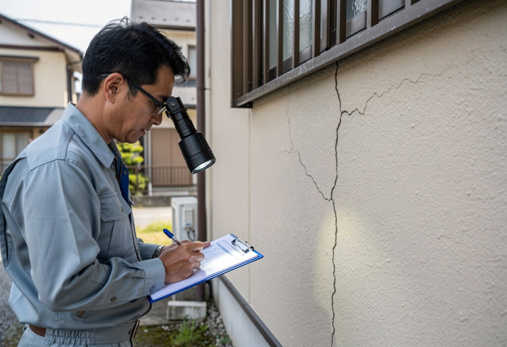 調査員が戸建住宅の外壁のひび割れを工具とライトを使って点検している様子