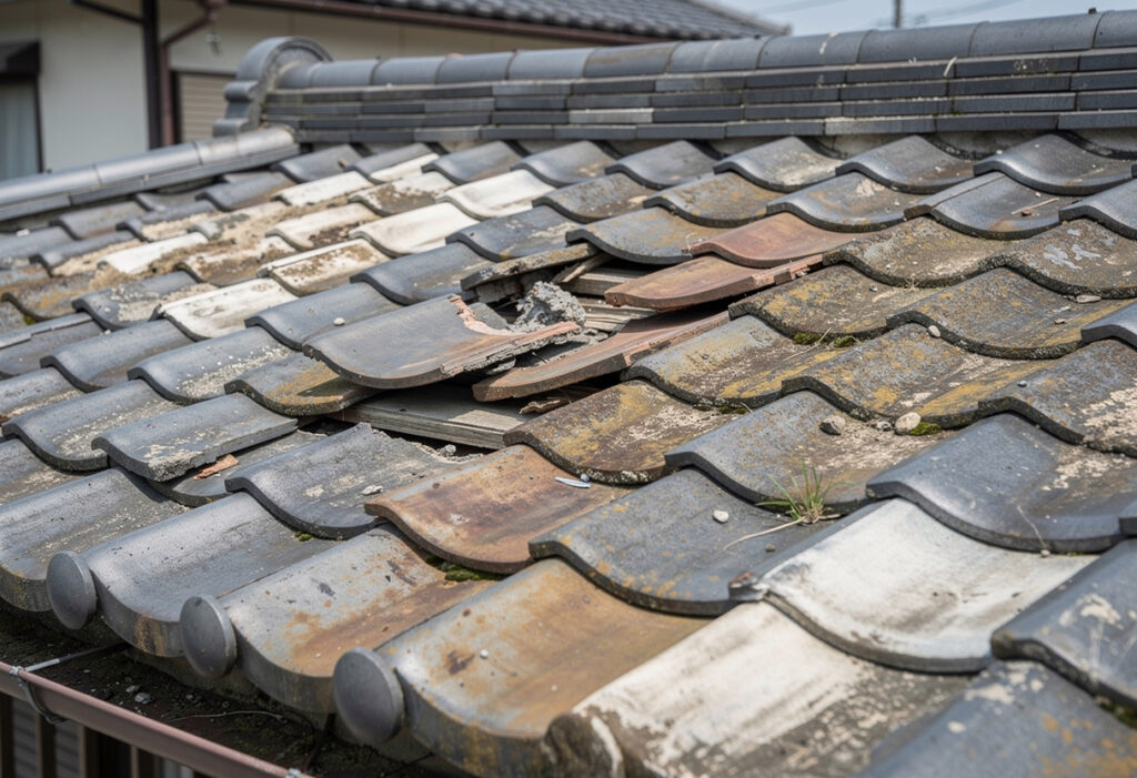 経年劣化による屋根の傷みと自然災害による被害が混在している屋根の様子を示す写真