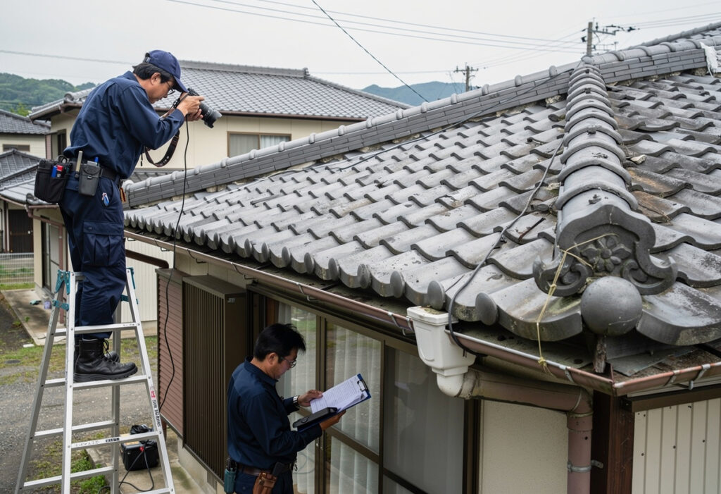 調査員が屋根の被害箇所を写真撮影しながら書類と照らし合わせて確認している様子