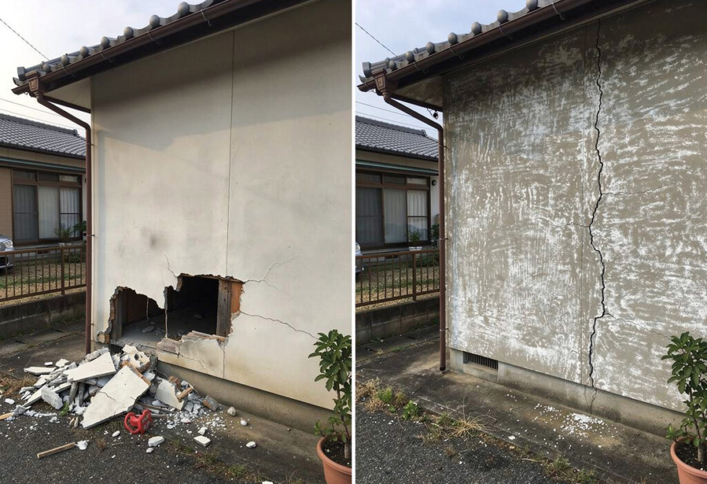 台風による被害と経年劣化による傷みの違いを比較した外壁の状態