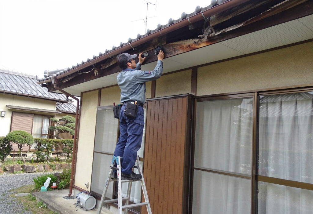 専門業者が雨樋の破損箇所を現地で確認し写真を撮影している様子