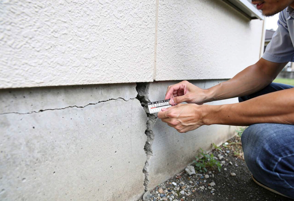 住宅の基礎に見つかったひび割れの幅を専用の測定具で確認している様子です。