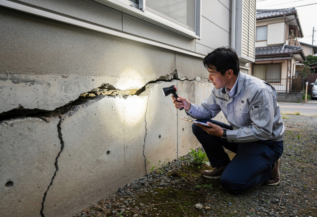 専門家が住宅の基礎のひび割れを現地で調査している様子です。