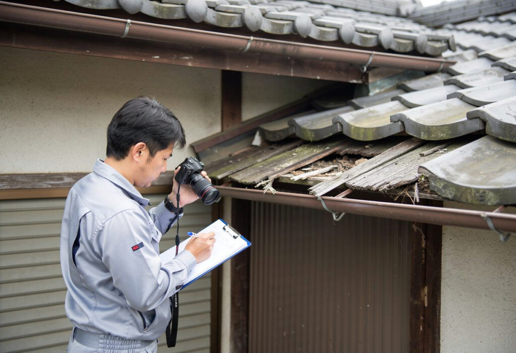 火災保険申請のために住宅の被害箇所を調査員が確認し写真を撮っている様子