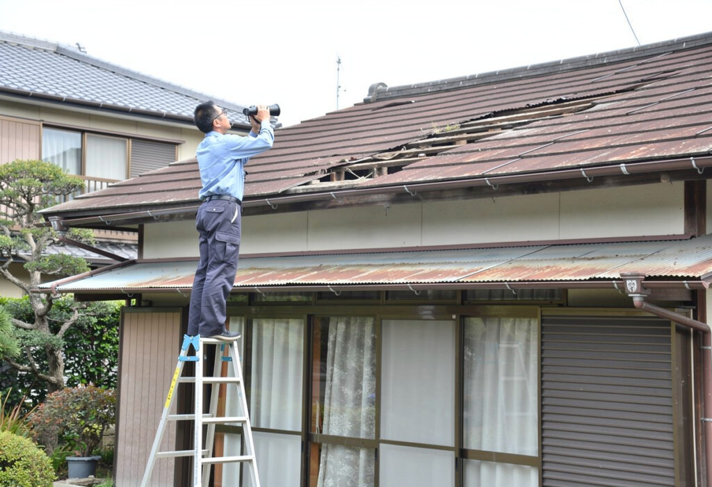 屋根の状態を地上またはハシゴから安全に確認している様子