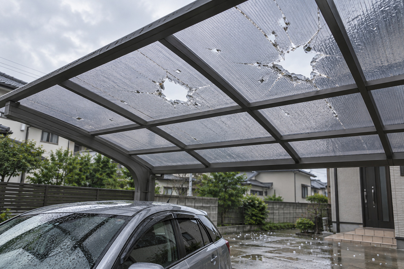 雹によるカーポート屋根の破損の実例