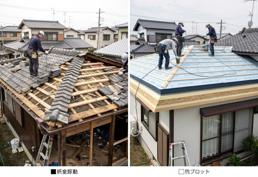 既存の屋根材を全て撤去して下地からやり直す葺き替え工事と、既存屋根の上に新しい屋根材を重ねるカバー工法の構造の違いを比較した図