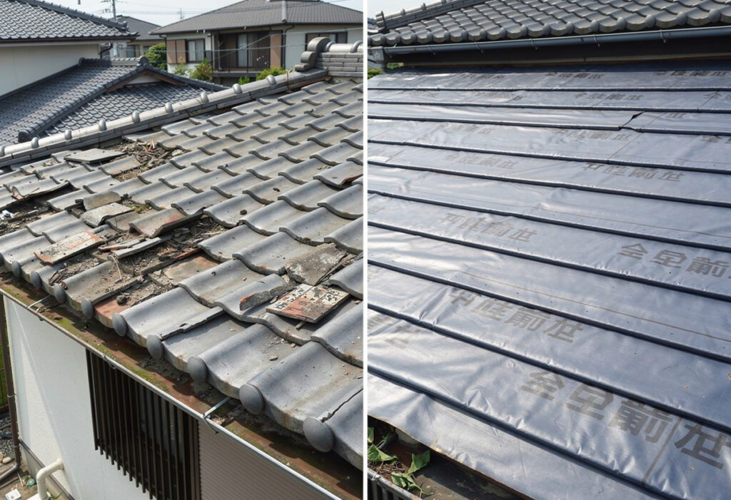 屋根の部分補修やカバー工法など、工法による修繕範囲の違いを示す様子