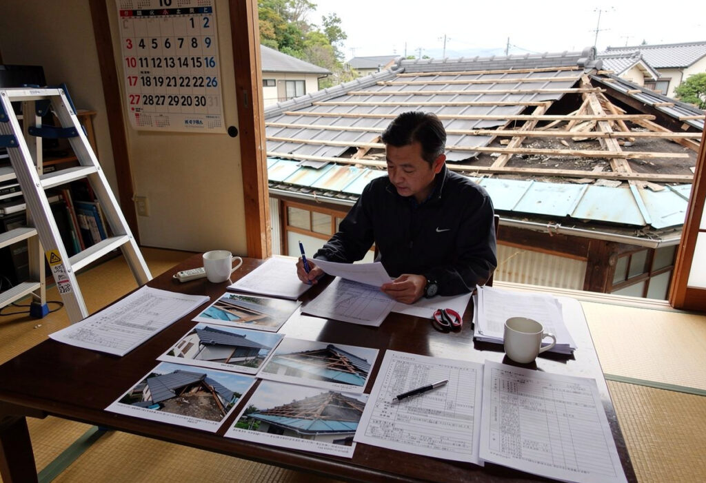 被害発生時期や契約内容など申請前に確認すべき書類を整理している様子
