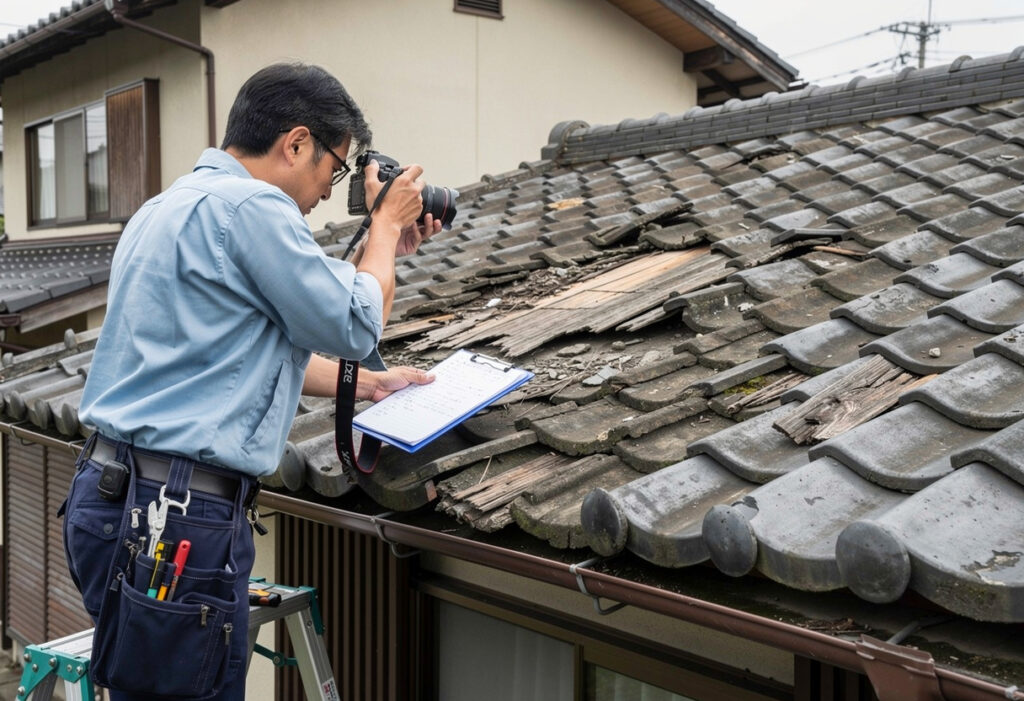専門業者が屋根の被害箇所を写真撮影し保険申請用の記録を作成している様子