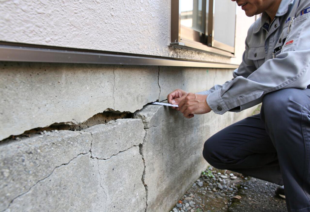 日本の戸建住宅の基礎に入ったひび割れを調査員が確認している様子