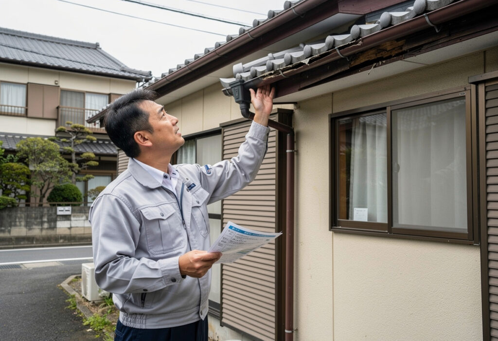 火災保険の更新前に、住宅の屋根や外壁、雨樋に損傷がないかを施主自身が目視で確認している様子