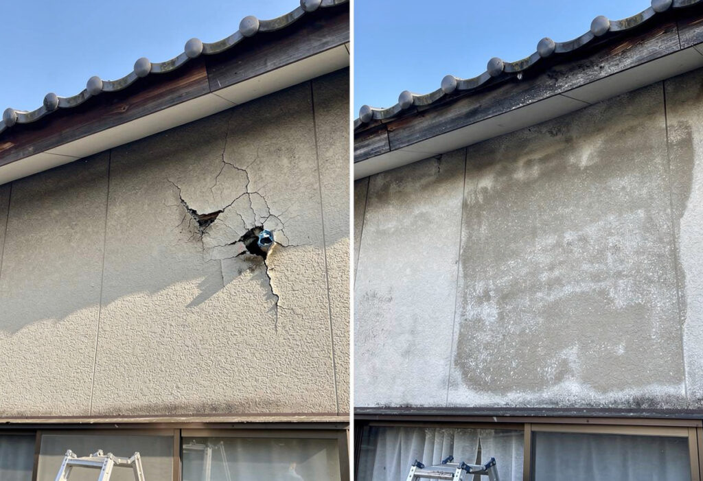 強風や雹による損傷で保険対象になり得る外壁の傷みと、経年劣化による保険対象外の外壁の傷みの違いを比較した様子です。