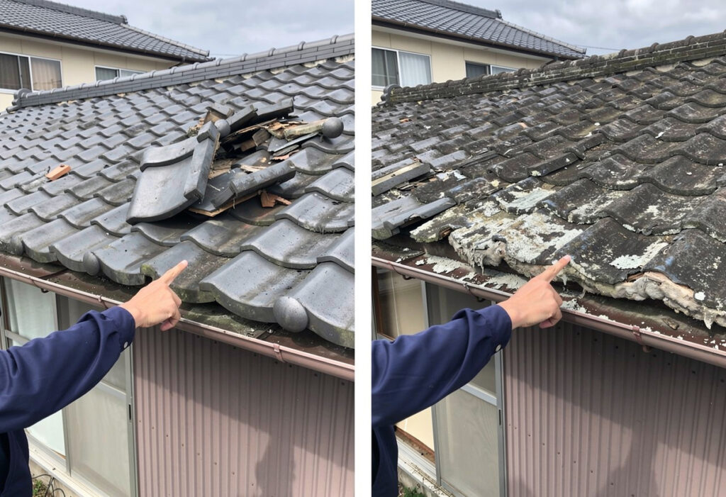 強風による屋根材の損傷と、経年劣化によるコーキングの剥がれなど、保険対象になりやすいケースとなりにくいケースの違いを示しています。